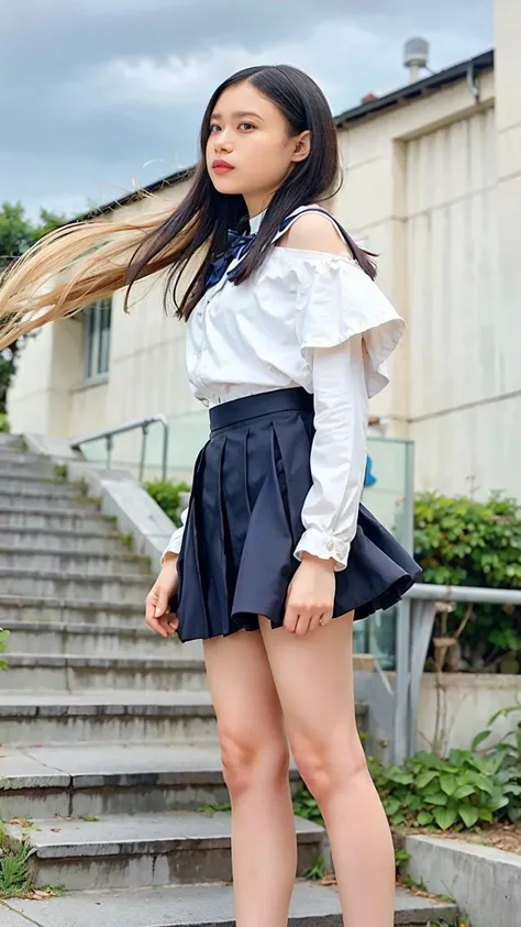 ((Viewing angle from below、Highest quality、masterpiece、32K、Every detail))、Descend the outdoor stairs、commute、Systemic symptoms、Traditional navy blue sailor uniform、White blouse、Pleated skirt、(((A strong wind blows my hair and skirt away:1.62)))、((I always ...