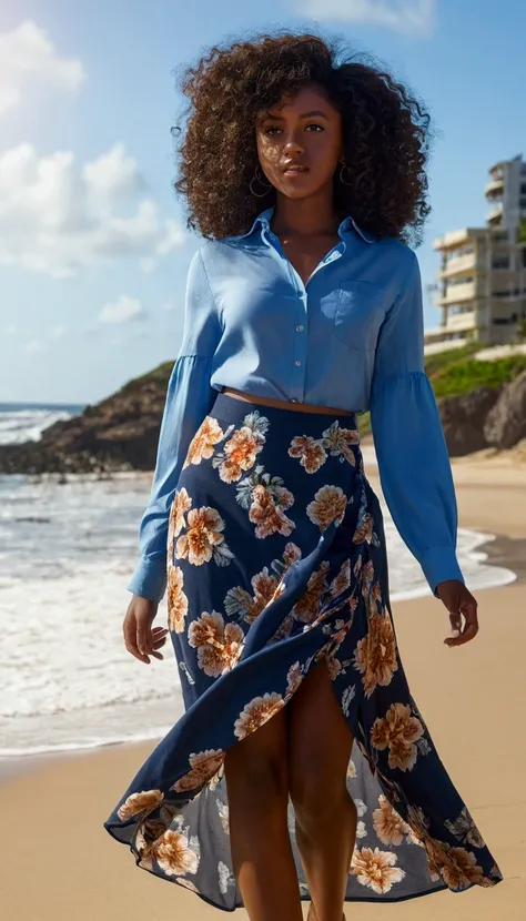 Ultra-realistic, 4K, Professional photos, 22-year-old girl, Black girl, big curly hair, High resolution, Detailed face, Medium bodied, Floral skirt, (Open blue shirt), masterpiece, (Lighting), (1 solo), Beach Background, Realistic Background, Realistic pho...