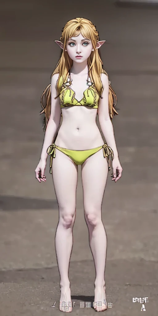 tsundere elf full body toe to head, long hair, blonde hair (green eyes:1.1) pointy ears, elf, multicolored hair, forehead jewel, yellow tiger bikini, standing symmetrical, plain background