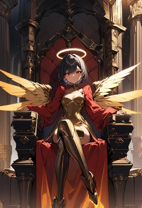 1girl, tanned skin, golden halo, black hair, very short hair, winged, bronze dress, red details, long sleeves, red eyes, palace ambience, golden aura, sitting, throne, prosthetic legs
