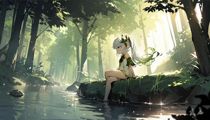 masterpiece,highest quality,dispersion,alone,one girl, in the forest,light particles, light,nahida,green eyes,waterfront