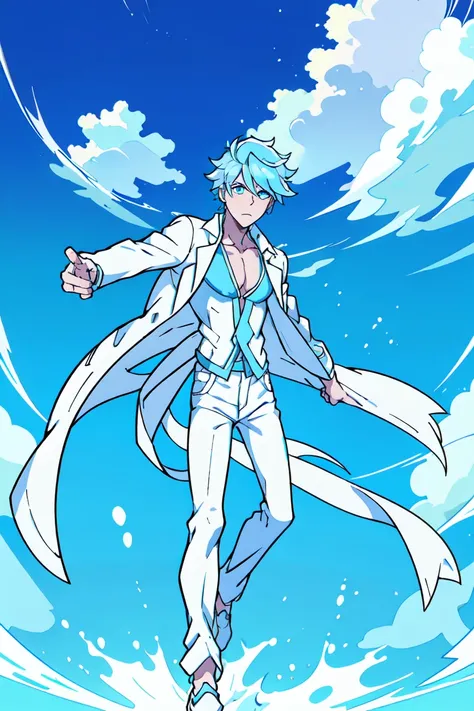 highly detailed, high quality, master piece, beautiful, light blue hair, very short hair, white open ripped jacket, shirtless, baggy white pants, blue shiny eyes,background, young man, full body, (full general shot)