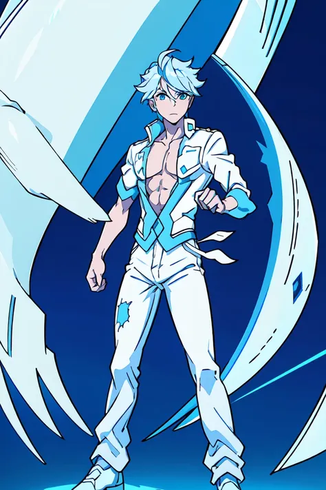 highly detailed, high quality, master piece, beautiful, light blue hair, very short hair, white open ripped jacket, shirtless, baggy white pants, blue shiny eyes,background, young man, full body, (full general shot)