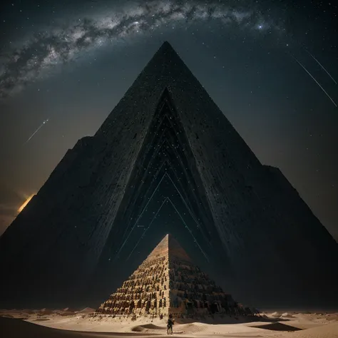 a closeup of a pyramid in the desert with a star in the sky, Beeple y Jean Giraud, DMT Waves, ancient megastructure pyramid, cosmic energy cables, Infinite quantum waves, lighting tripping on dmt, galactic temple, Beeple and Mike Winkelmann, dmt temple, po...