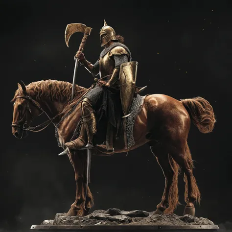 warrior riding a sinister black steed, man wearing chain mail and chainmail pants, carrying a curved war ax, according to a heavy war shield, wearing a steel elgo with horns, Bronze Armor. gold details on the horse&#39;s accessories: image ultra realistic,...