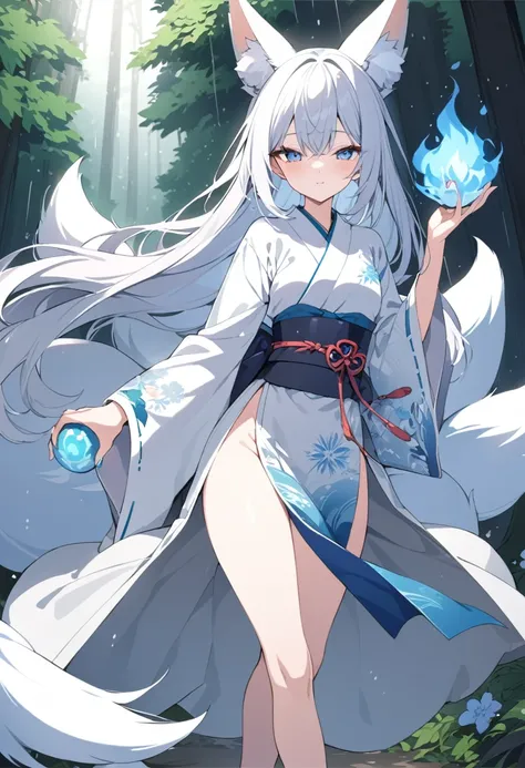 Masterpiece, Extremely detailed, , close distance shot, (A beautiful kitsune woman walking in a rainy forest holding a small ball of blue fire), facing viewer, dynamic pose , fox ears, nine fox tails, traditional Japanese clothing. 