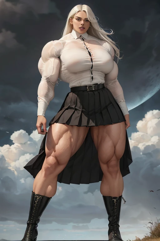 ((((Massive tall, beautiful, buff, light brown skinned muscular woman with white hair, black lipstick, ginormous bulky muscles, winds blowing hair and wearing a white long sleeve pleated shirt with beautiful long pleated skirt)))), (close view), (massive m...