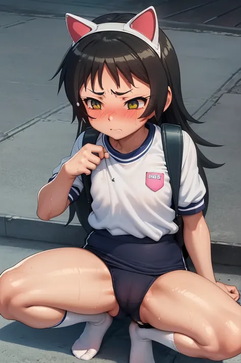 masterpiece, ultra quality, ultra sharp, ultra detailed, 1girl, solo, (((good anatomy))), haduki kurumi, (tattered torn dripping wet white gym shirt), navy gym pants, animal ears, randoseru, name tag, Japanese anime pose, laugh, BurumaShorts, Buruma, Gym U...