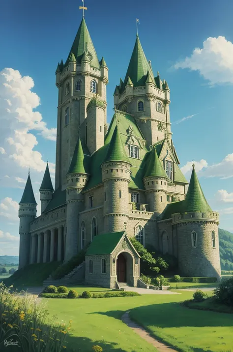 Painting of a green castle shinning