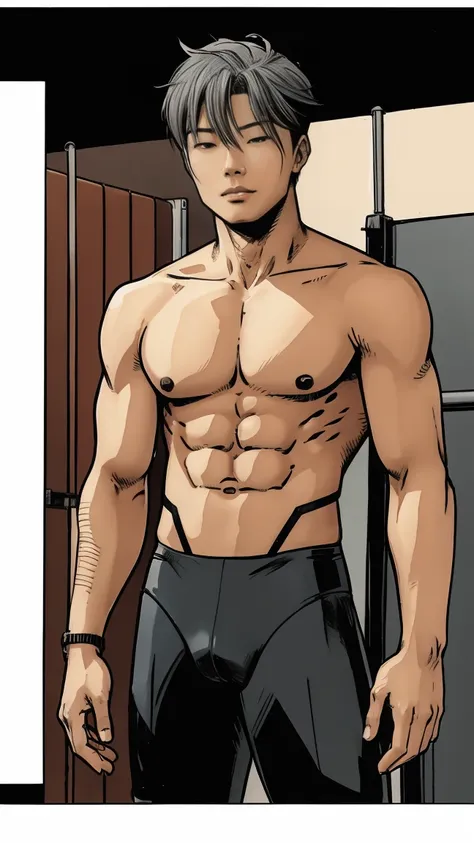 One lean asian men, dark ash brown cool tone, Black Bike micro thong, ash grey hair, pink undertone skin, he showing off his body, comic artstyle 2D