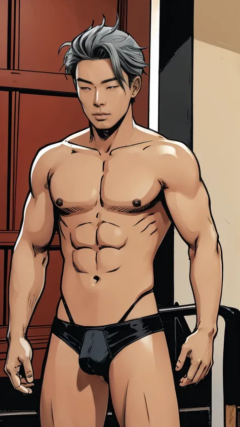 One lean asian men, dark ash brown cool tone, Black Bike micro thong, ash grey hair, pink undertone skin, he showing off his body, comic artstyle 2D