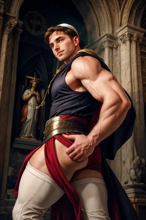 looking back, DariusFerdynand wearing well-fitted sleeveless red and white sheer tight Roman-Catholic-pope robe-armor, looking at viewer, peaceful and righteous expression, dynamic pose BREAK St. Peters Basilica, Vatican, BREAK heroic, religious motifs, Ch...