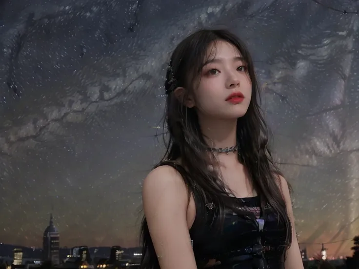 minimum, harmony, aesthetic, fantastic scene, Dystopia, (night, Starry Sky:1.4), Broken Building, Sky full of stars, Beautiful night sky, Girl looking up at the sky, 24-years-old, slender, Medium Hair, bangs, (Gothic_Punk:1.2), masterpiece, best quality, R...