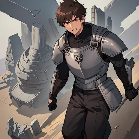 ((((Solo))))、((((Get Ready))))、Best illustrations、Best Quality、(((Simple grey armor、Black trousers、Black gloves、Short Hair、Brown Hair、20 year old man)))、(Old ruins、desert。Grass)、(get annoyed、Clench your teeth、Get angry)、battlefield、(White background)、(From...