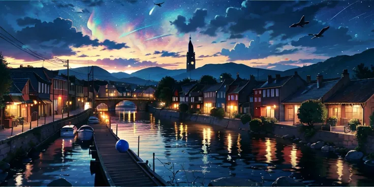 The river runs through the town，The river water has dots of colorful light，cloudy，Bluish，Birds fly over the town，night，There are moons