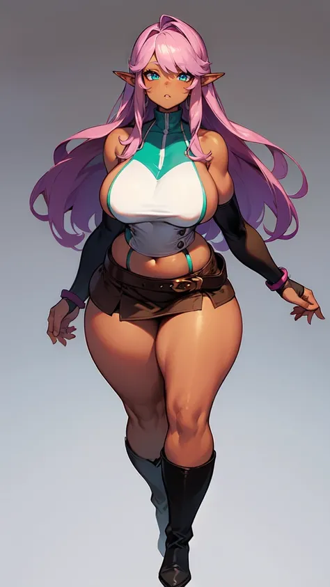 ((blank background)), (((full body))), masterpiece, best quality, thief girl, ((huge girl)), (random hair color), wide hips:1.7, (thick thighs:1.3), ((dark skin)), ((short brown skirt)), ((long legs)), female muscular:0.8, (curvy:1.7), standing, sleeveless...