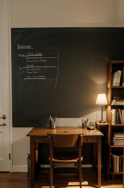 A neat study room with a desk, Chair, and bookshelves in the background. The table is equipped with writing utensils, study lamp, and laptops. There is a small blackboard on the wall with writing "Time Management" On.