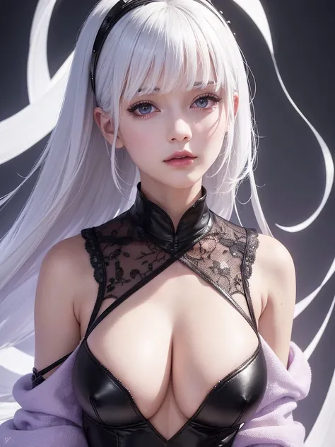 girl with white hair,with bangs, black gloves, purple clothes,4K, masterpiece, perfect body, stem,perfect eyes, perfect shading, perfect lighting, best quality, work of art, ultra detailed, detailed clothing