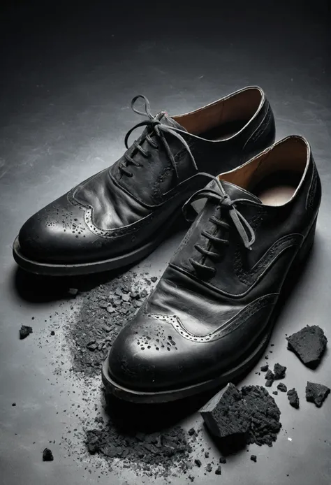 create me an image of an old black leather shoes destroyed by harsh elements in gray background with no human model in 4k quality picture