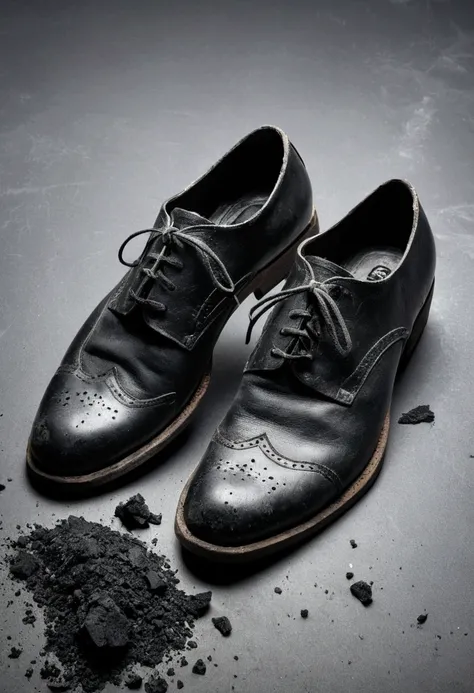 create me an image of an old black leather shoes destroyed by harsh elements in gray background with no human model in 4k quality picture