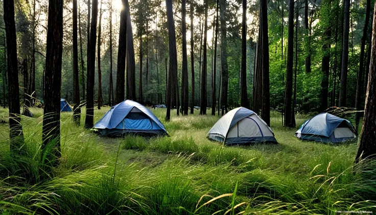 forest area with tall grass on the ground between the trees. There are only two camping tents set up in the tall grass. Its late afternoon, and the sky is getting darker, creating a tense atmosphere. The trees are thick, and the shadows are getting longer,...