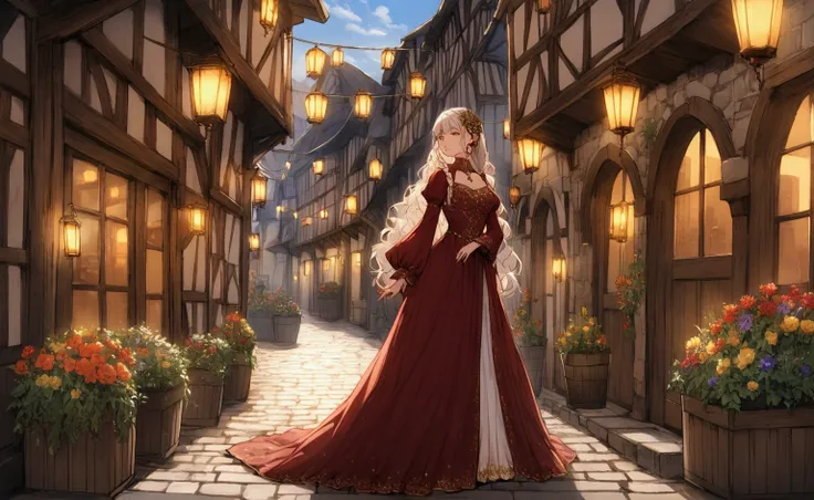 Create a detailed illustration of a beautiful medieval woman standing on a cobblestone street. She is dressed in an elegant gown richly embroidered with intricate patterns in deep burgundy and gold.. Her dress features long, flowing sleeves and a high coll...