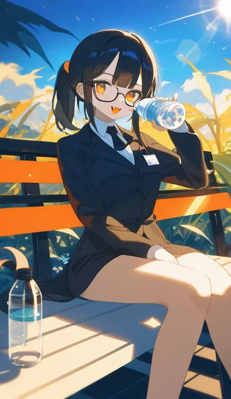 1girl,solo,core_9,score_8_up,score_7_up,older woman,orange lipstick,secretary outfit,siren glasses,mole,ponytail,orange and black hair,black hair,orange streaks,fangs,night,black bed,1woman,high quality,detailed,sitting on bench,sunlight,grass,holding wate...