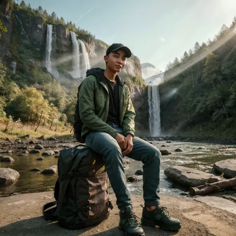 Cinematic photography of a young man from Indonesia with buzz cut hair, wearing a baseball cap, wearing a green jacket and black t-shirt, long jeans, mountain shoes, standing while carrying a backpack, standing in front of a large forest facing a waterfall...