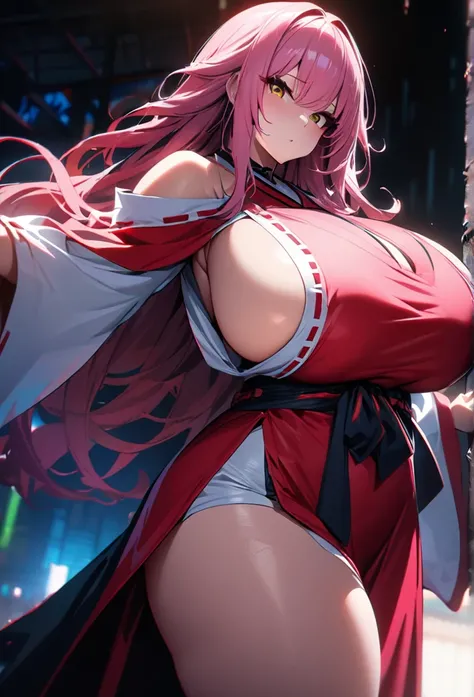 1girl,super huge breasts, pink hair,golden eyes,staring coldly,long hair, body curves, (best quality,4k,highres,masterpiece:1.2),ultra-detailed, dramatic lighting,vibrant colors,cinematic, Miko outfit