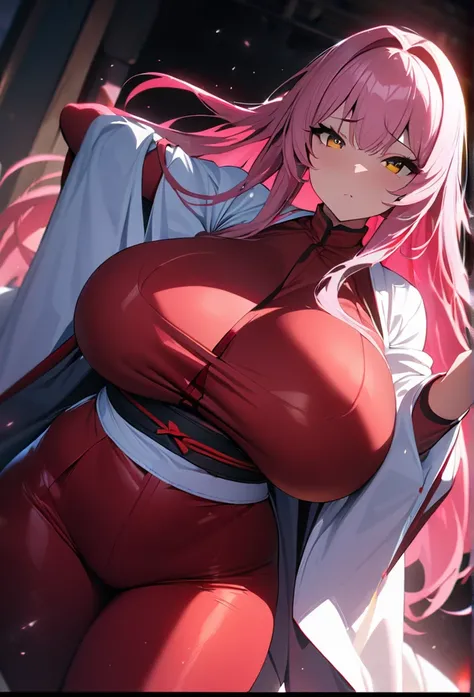 1girl,super huge breasts, pink hair,golden eyes,staring coldly,long hair, body curves, (best quality,4k,highres,masterpiece:1.2),ultra-detailed, dramatic lighting,vibrant colors,cinematic, Miko outfit