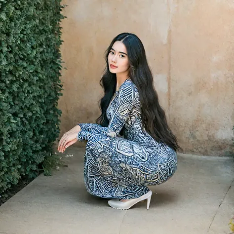  young woman squatting on her knees  in a maxi dress, bodycon dress