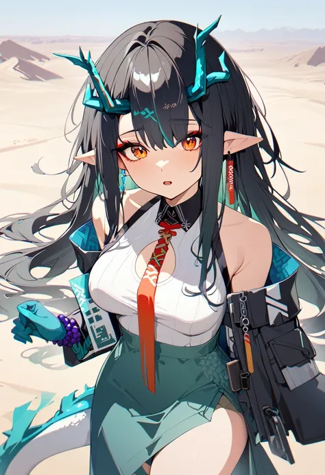 1girl, dusk (arknights), arknights,(masterpiece, best quality), newest, dress , original outfit , black hair, horns, agm, dragon tail , orange eyes, desert  , happy , open mouth