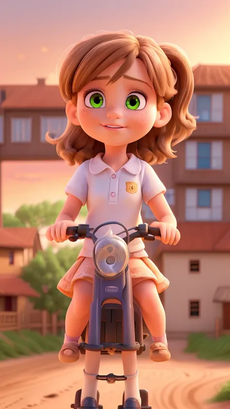 a 9 year old girl with brown hair riding a bicycle, another 8 year old girl with blonde hair standing on the back of the bicycle, riding through the dirt streets of a coastal city, sideways view, detailed facial features, (best quality,4k,8k,highres,master...