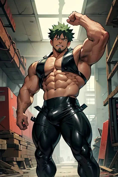 Midoriya, Bakugou, and Kirishima from My Hero Academia as a hyper muscular brainwashed thugs standing in line with other brainwashed thugs wearing identical full body black shiny rubber latex pants and vests staring blankly ahead with vapid expression at a...