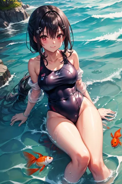 An anime girl in a swimsuit on a beach submerged in the water, observing a beautiful goldfish