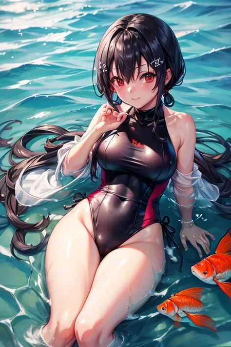 An anime girl in a swimsuit on a beach submerged in the water, observing a beautiful goldfish