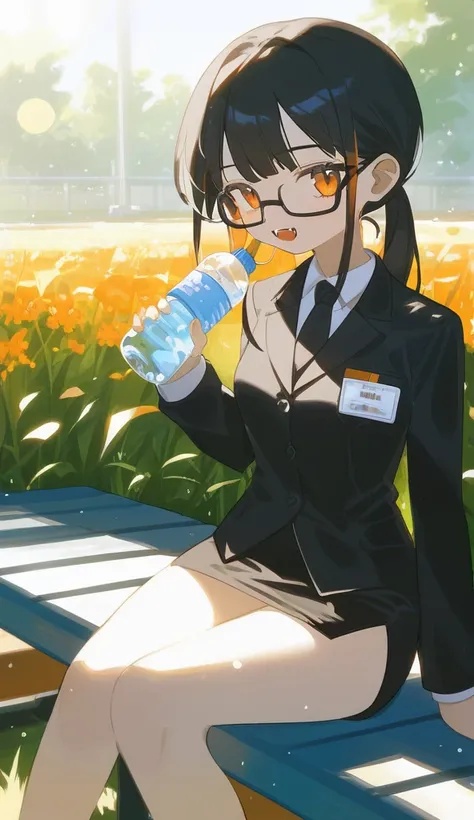 1girl,solo,core_9,score_8_up,score_7_up,older woman,orange lipstick,secretary outfit,siren glasses,mole,ponytail,orange and black hair,black hair,orange streaks,fangs,night,black bed,1woman,high quality,detailed,sitting on bench,sunlight,grass,holding wate...