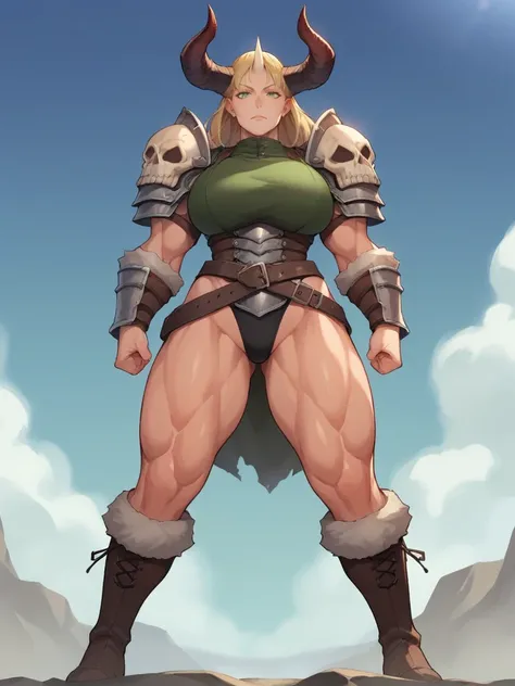 Score_9, score_8_up, score_7_up, source_anime, 1girl, solo, muscular woman, outdoors, (((wearing horned helmet))), pale, mature female, milf, wearing a barbarian armor, skull shoulder pad, defined abs, green eyes, blonde hair, crotch, thighs, standing, pan...