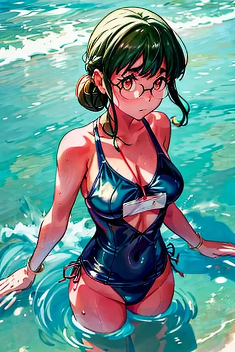 An anime girl in a swimsuit on a beach submerged in the water, observing a beautiful goldfish