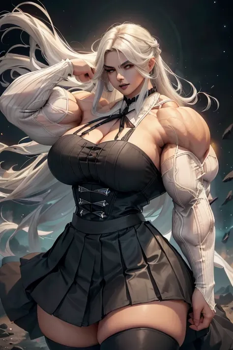 ((((Massive tall, beautiful, buff, light brown skinned muscular woman with white hair, black lipstick, ginormous bulky muscles, winds blowing and wearing a white pleated shirt with beautiful long pleated skirt)))), (close view), (massive muscles), long str...