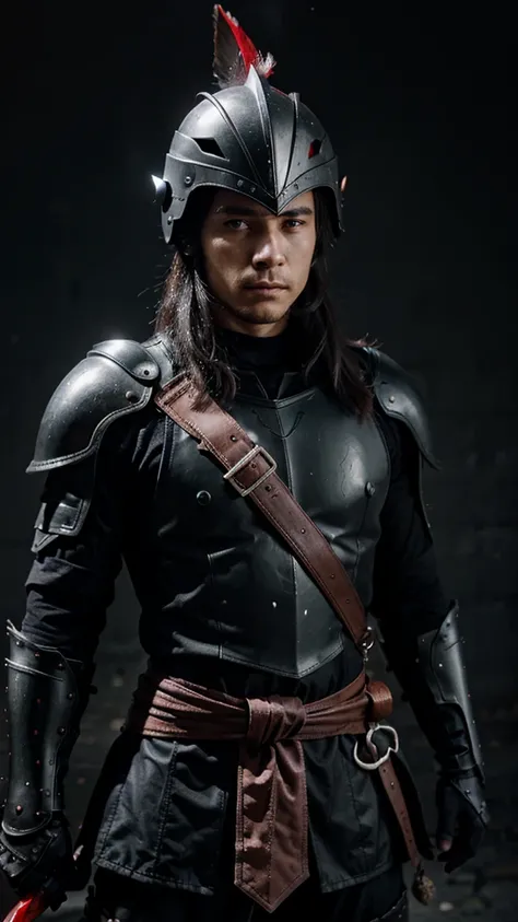 A man wearing black armor, carrying a red sword, and a helmet with black feathers and a dark background, anime.
