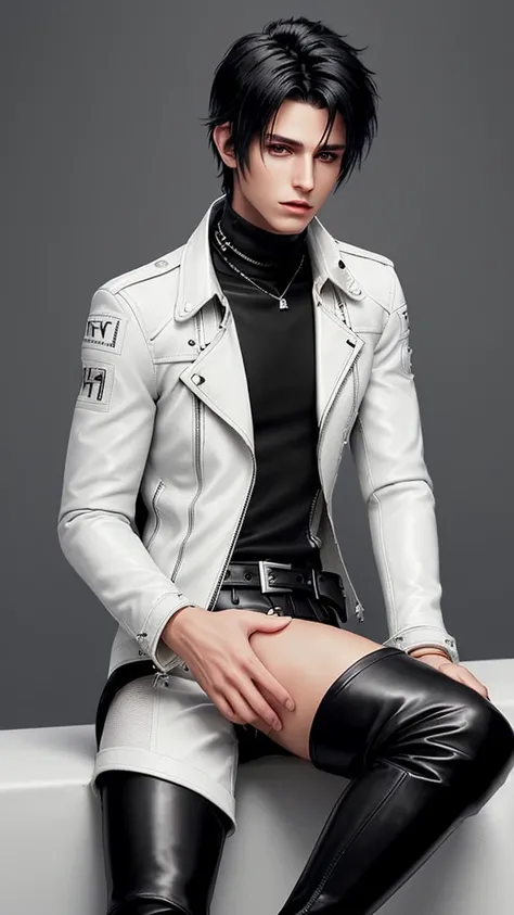 Final fantasy taste and reality graphics, Japanese young cute and cool ikemen  boy, his age is early 20s, thin eyebrows and beady eyes,  ((he wearing off white color leather  thick material jacket)), ((jacket is singlebrest)), biker style jacket, with epau...