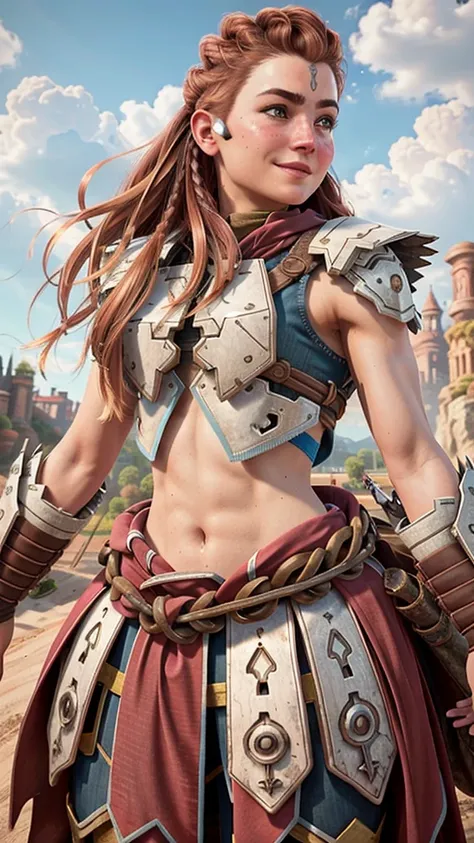 aloyhorizon, solo, long hair, smile, brown hair, hair ornament, navel, brown eyes, weapon, braid, outdoors, parted lips, sky, da...