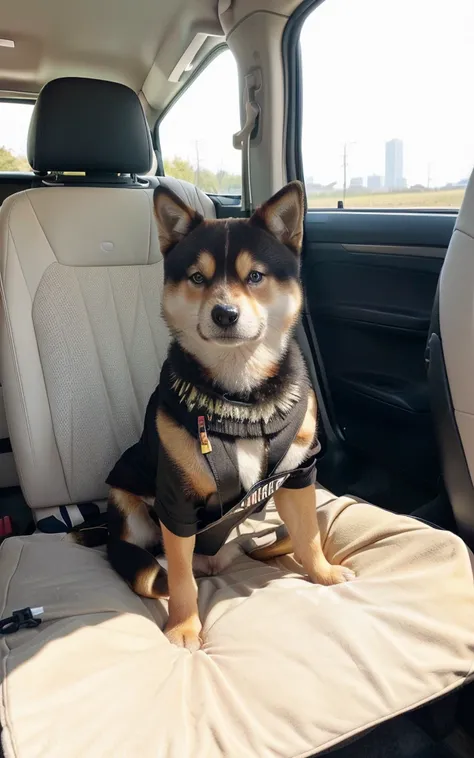 一只微笑着可爱的Shiba Inu坐在The back seat of the car上, The back seat of the car，There is a beige diaper on the seat.，Natural light and shadow，Natural wrinkles，Ultra-realistic photography，Beige short plush diaper blanket，Shiba Inu, Well-dressed, Sitting in her car, ...