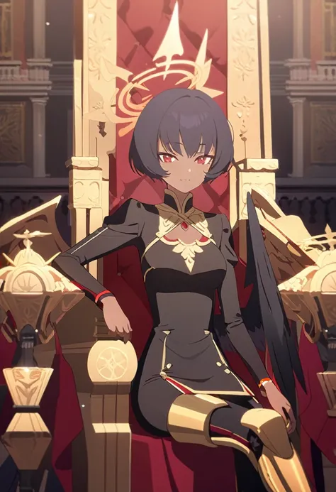 1girl, tanned skin, golden halo, black hair, very short hair, winged, bronze dress, red details, long sleeves, red eyes, palace ambience, golden aura, sitting, throne, prosthetic legs
