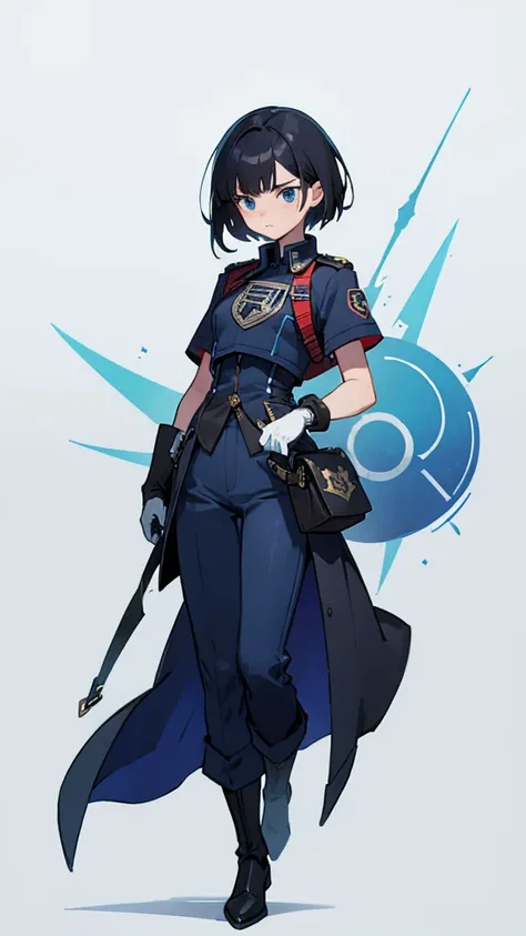 1,An android that resembles a human,Deep blue eyes,Short black hair,Dark blue uniform,Island symbol on chest,Red armband on right arm,gloves,Dark blue pants for easy movement,Many side pockets,Black leather boots,badge,White background,whole body,Character...