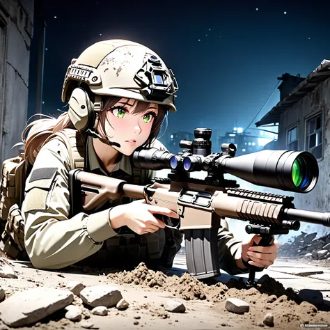 ultra-high resolution 3d cg art,a modern soldier girl is sniping at night,girls are modern snipers,her hair is short and chestnu...