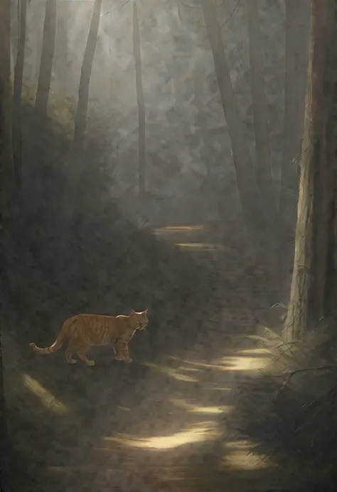 Illustrate an ultra-realistic and professional scene featuring a squad of elite special forces cats heavily armed and walking through a dense forest at sunset. Each cat is outfitted in detailed tactical gear, including body armor, weapons, and communicatio...