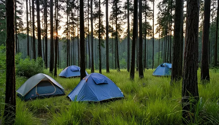 forested area at dusk with two lone camping tents pitched in the tall grass between the trees. The sky is darkening, creating a tense atmosphere. The trees are dense, and the scene is lit by the last light of the scene.