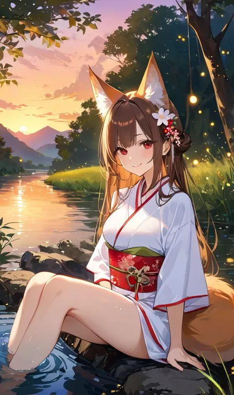 1girl, long hair, animal ears, brown hair, masterpiece, red eyes, smile, outdoors, tree, landscape, kimono, fox tail, looking at viewer, sunset, sitting, river, water, fireflies, nature, hair ornament, medium breasts, partially submerged,
masterpiece, best...